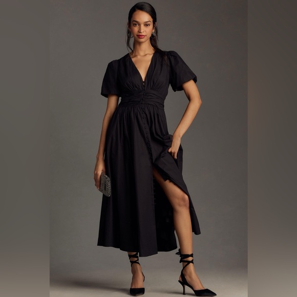 NWOT Anthropologie Katerina Button-Front Midi Dress Black - Picture 1 of 16